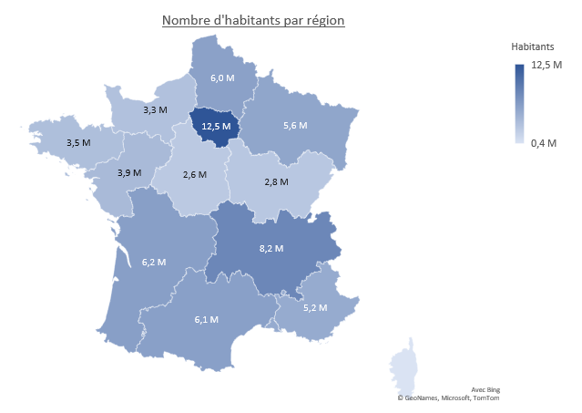 Exemple de carte choroplèthe générée dans Excel — chaque région colorée selon la valeur d'un indicateur